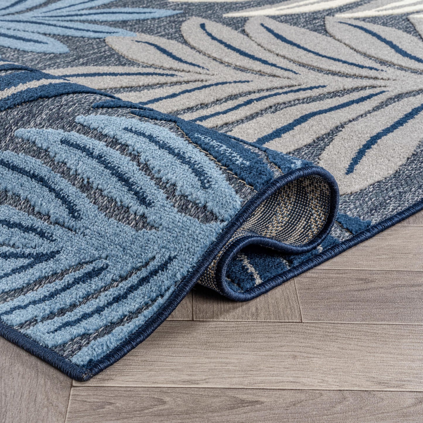 Rugshop Indoor/Outdoor High-Low Textured Area Rug, Botanical, Easy-Clean Patio Rug for Porch Deck Balcony 6' 6" x 9' Navy