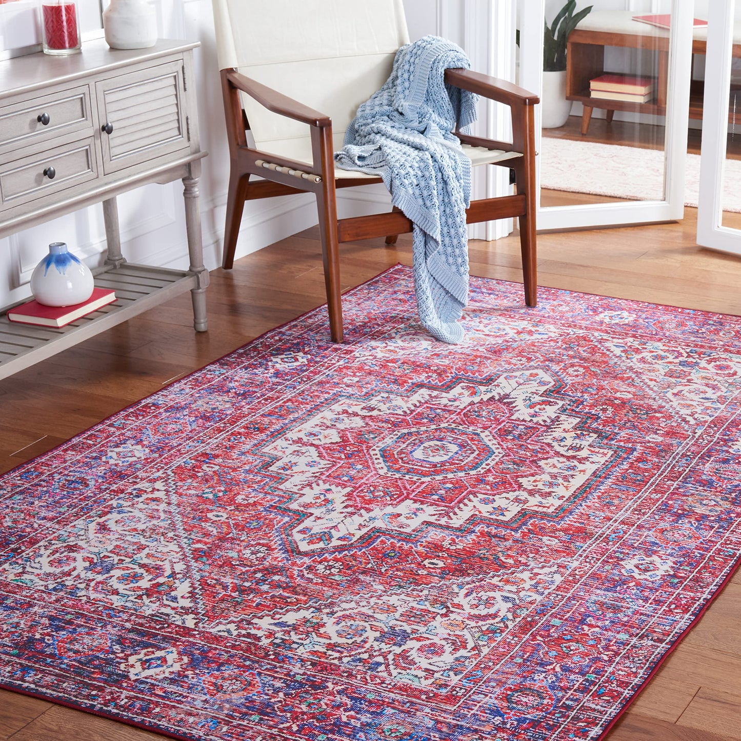 SAFAVIEH Washable Rug Tucson Collection - 4' x 6', Red & Blue, Slip Resistant & Easy to Clean, Ideal for Foyer, Kitchen, Nursery, Office, Bedroom (TSN198Q)