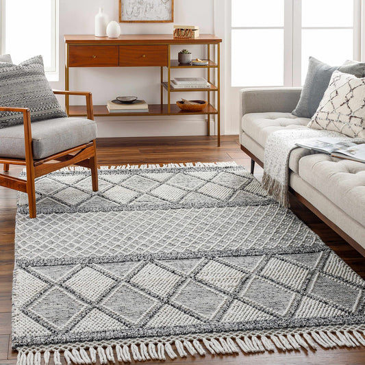 Hauteloom Rehn Recycled Material Area Rug - Geometric Diamond Trellis Striped Triangle - Bohemian Transitional Boho Moroccan Tribal - White, Black, Light Slate, Gray, Cream - 27" x 45"