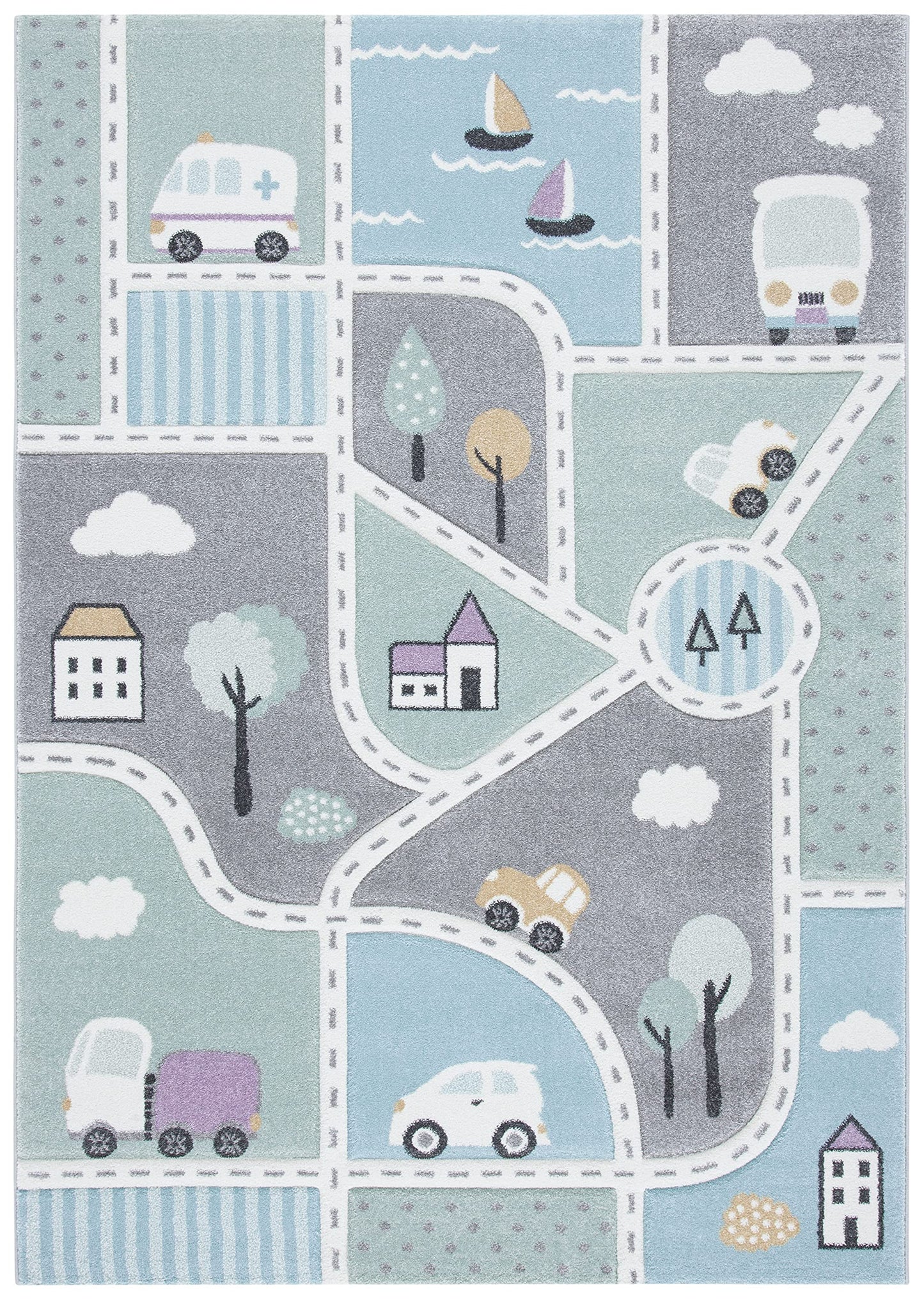 SAFAVIEH Carousel Kids Collection Accent Rug - 4' x 6', Grey & Light Blue, Non-Shedding & Easy Care, Ideal for High Traffic Areas for Boys & Girls in Playroom, Nursery, Bedroom (CRK193F)