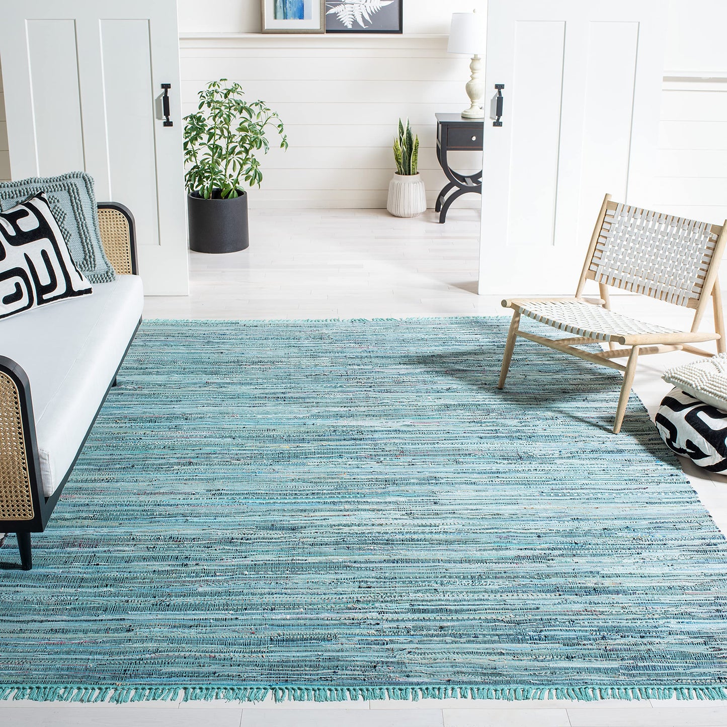 SAFAVIEH Area Rug 8x10 - Rag Collection - Large - Turquoise & Multi, Handmade Cotton, Boho Stripe Pattern, Ideal for Living Room, Bedroom, Office, Dining Space (RAR127C)