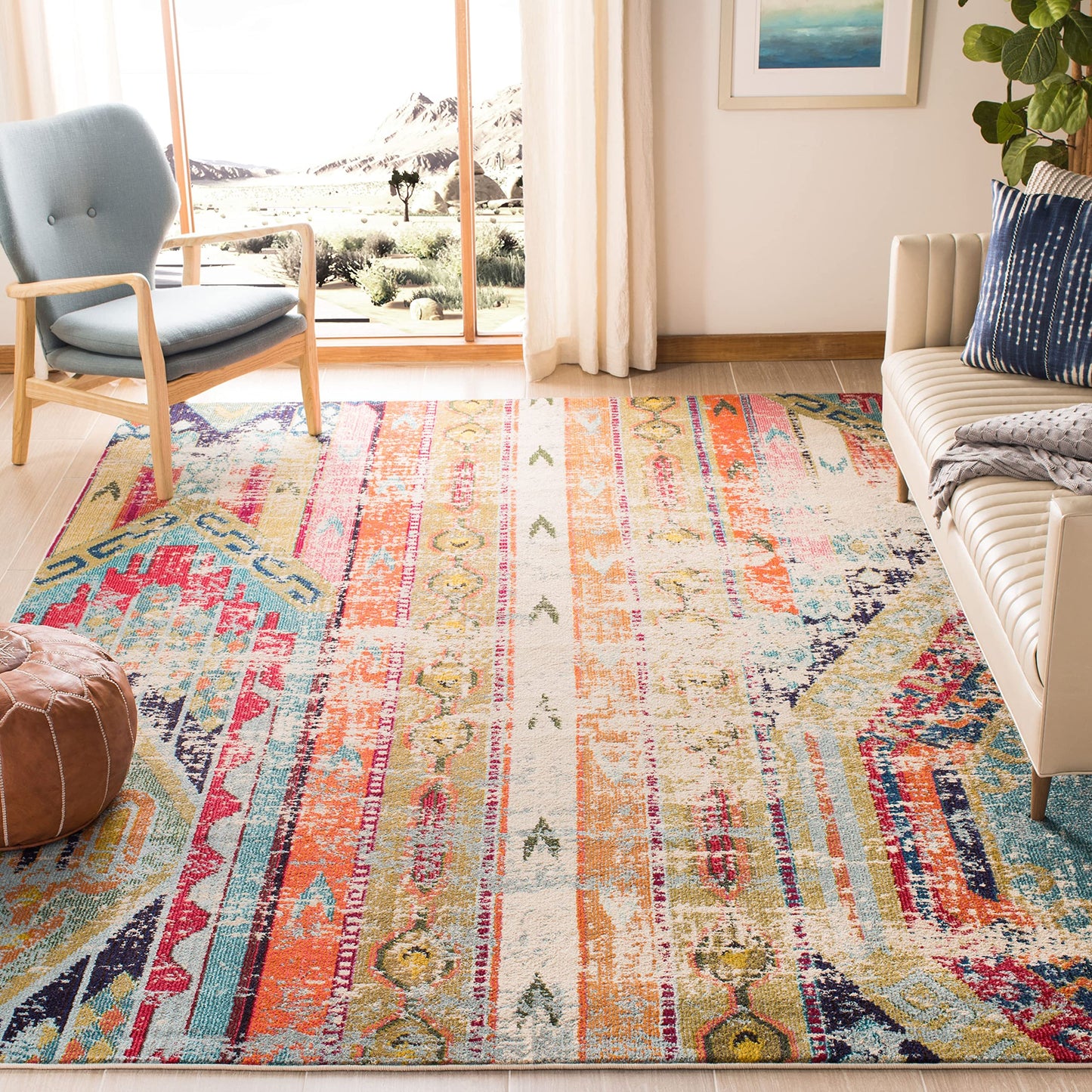 SAFAVIEH Monaco Collection Area Rug - 5' Square, Multi, Boho Chic Tribal Distressed Design, Non-Shedding & Easy Care, Ideal for High Traffic Areas in Living Room, Bedroom (MNC222F)