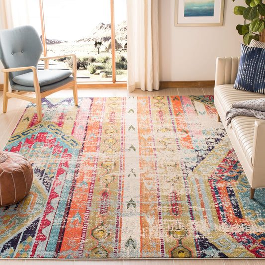 SAFAVIEH Monaco Collection Area Rug - 5' Square, Multi, Boho Chic Tribal Distressed Design, Non-Shedding & Easy Care, Ideal for High Traffic Areas in Living Room, Bedroom (MNC222F)