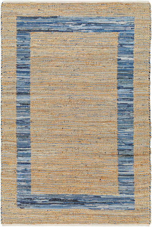 Hauteloom Nobel Recycled Material Living Room, Bedroom Area Rug - Border Striped Abstract - Contemporary Modern Coastal Boho Farmhouse - Mocha, Charcoal, Rose Cream, Blue, Tan - 27" x 45"