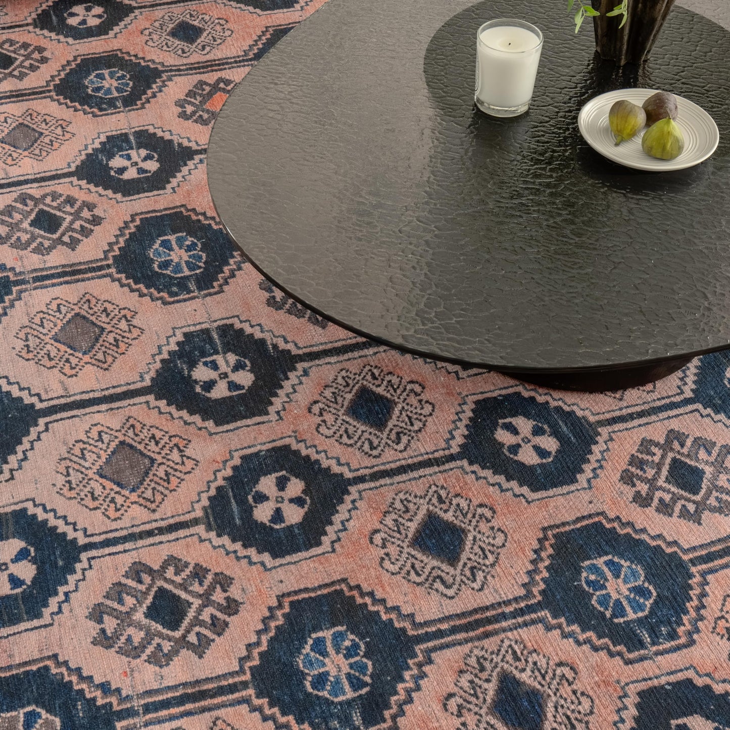 KNOTTING MATTERS Indiclay 3’ x 5’ Area Rug – Blush Pink & Deep Navy Heritage Flatweave, Low-Pile – Easy Clean Accent Rug – Perfect for Entryway, Hallway, Kitchen, Bedroom – Pet & Kid Friendly