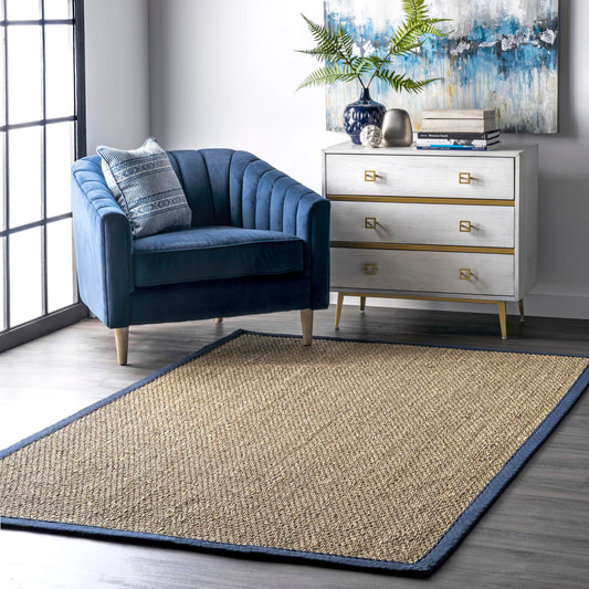 Nuloom Elijah Navy/Natural, 4' x 6', Basketweave, Seagrass, Soft and Textured, High Traffic, Stain Resistant, Easy Clean, Durable Area Rug for Bedroom, Living Room, Dining, Den, Foyer, Entryway