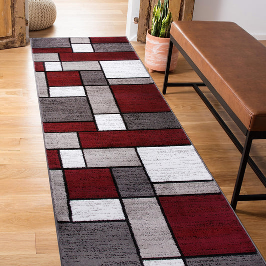 Rugshop Modern Geometric Boxes Red Area Rug, Carpet with Jute Backing for Hallway, Entryway, or Laundry Room, 2' x 7'2"