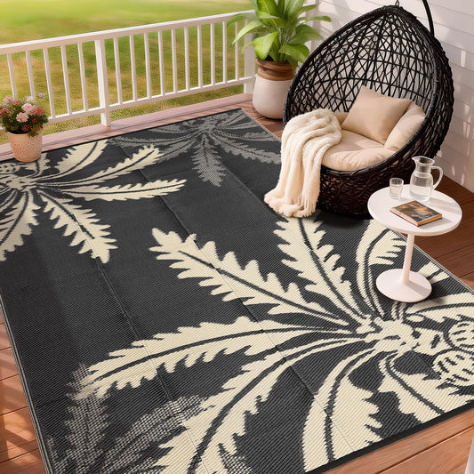 Garvee Waterproof Outdoor Rug 5x8 for Patio, Reversible Modern Area Rug, Large Plastic Straw Mat for Camping, RV, Porch, Backyard, Deck, Picnic, Beach, Black & Brown