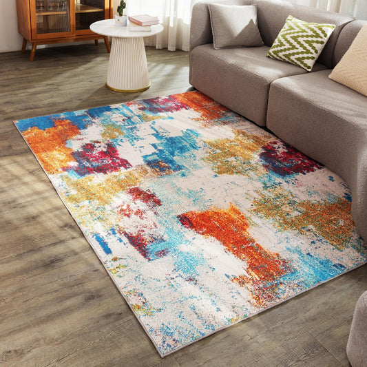 Carvapet 5x7 Modern Abstract Area Rug - Colorful Washable Carpet Non Slip Rubber Backing, Thin Low Pile Decorative Living Room Rug for Bedroom
