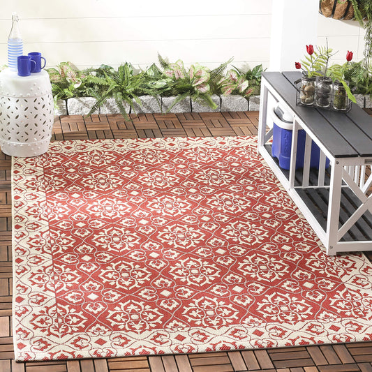 SAFAVIEH Washable Rug Outdoor Courtyard Collection - 2'7" x 5', Red & Cream, Non-Shedding & Easy Cleaning, Ideal for Patio, Backyard, Mudroom (CY6550-28)