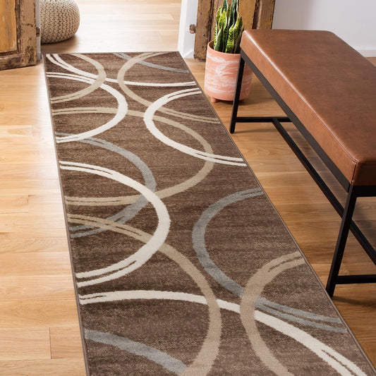 Rugshop Modern Wavy Circles Design Runner Rug, Carpet with Jute Backing for Hallway, Entryway, or Kitchen, Brown, 2' x 7'2"