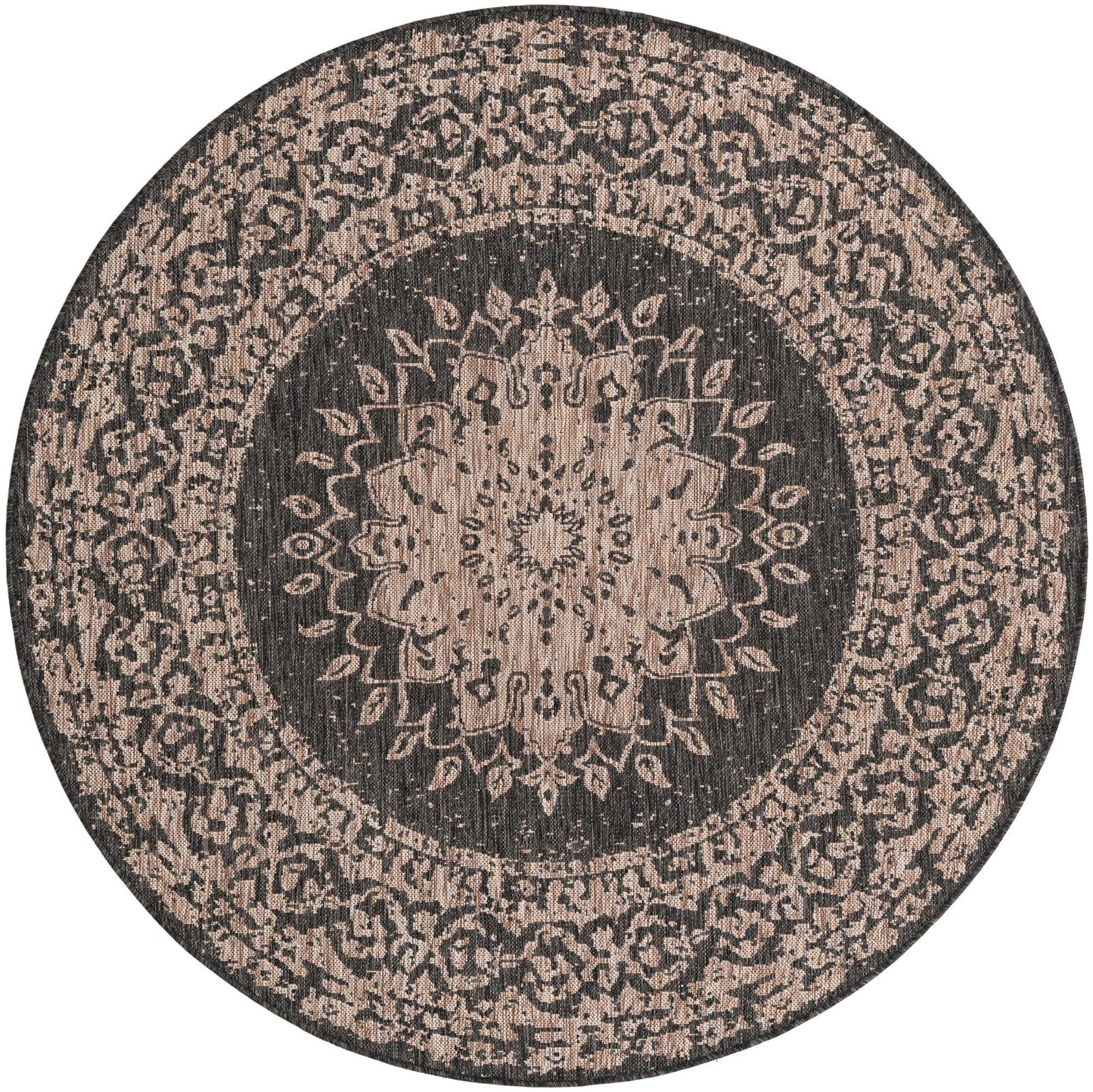 Rugs.com Outdoor Traditional Collection Rug – 6 Ft Round Black Flatweave-Pile Rug Perfect for Kitchens, Dining Rooms