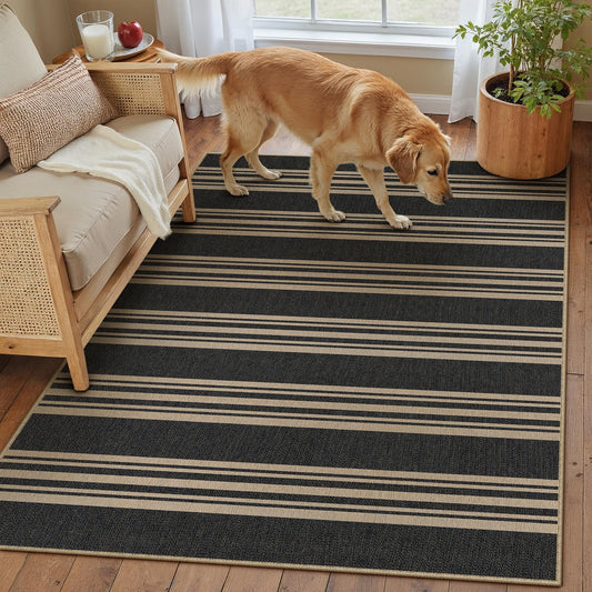 PureCozy Striped Easy Jute Rug 3x5 Black Entryway Carpet Washable Non Slip Office Door Mat Farmhouse Neutral Non Shedding Small Indoor Outdoor Rug for Bathroom Kitchen Bedroom Living Room