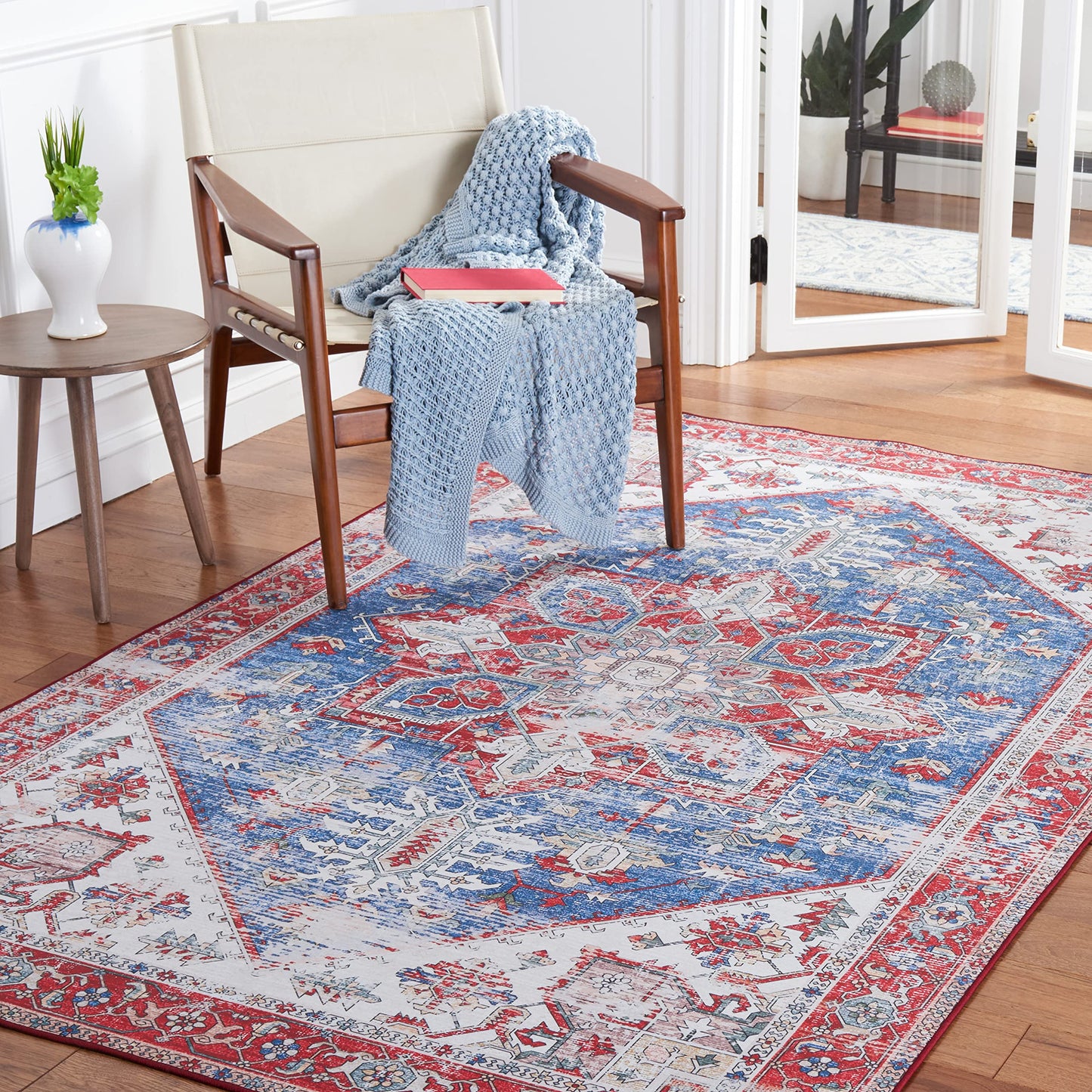 SAFAVIEH Washable Rug Tucson Collection - 6'6' x 9', Blue & Red, Slip Resistant & Easy to Clean, Ideal for Living Room, Bedroom, Dining Space (TSN102M)
