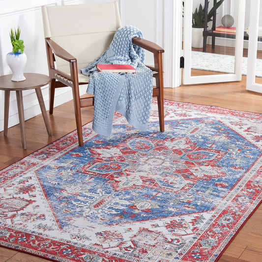 SAFAVIEH Washable Rug Tucson Collection - 6'6' x 9', Blue & Red, Slip Resistant & Easy to Clean, Ideal for Living Room, Bedroom, Dining Space (TSN102M)