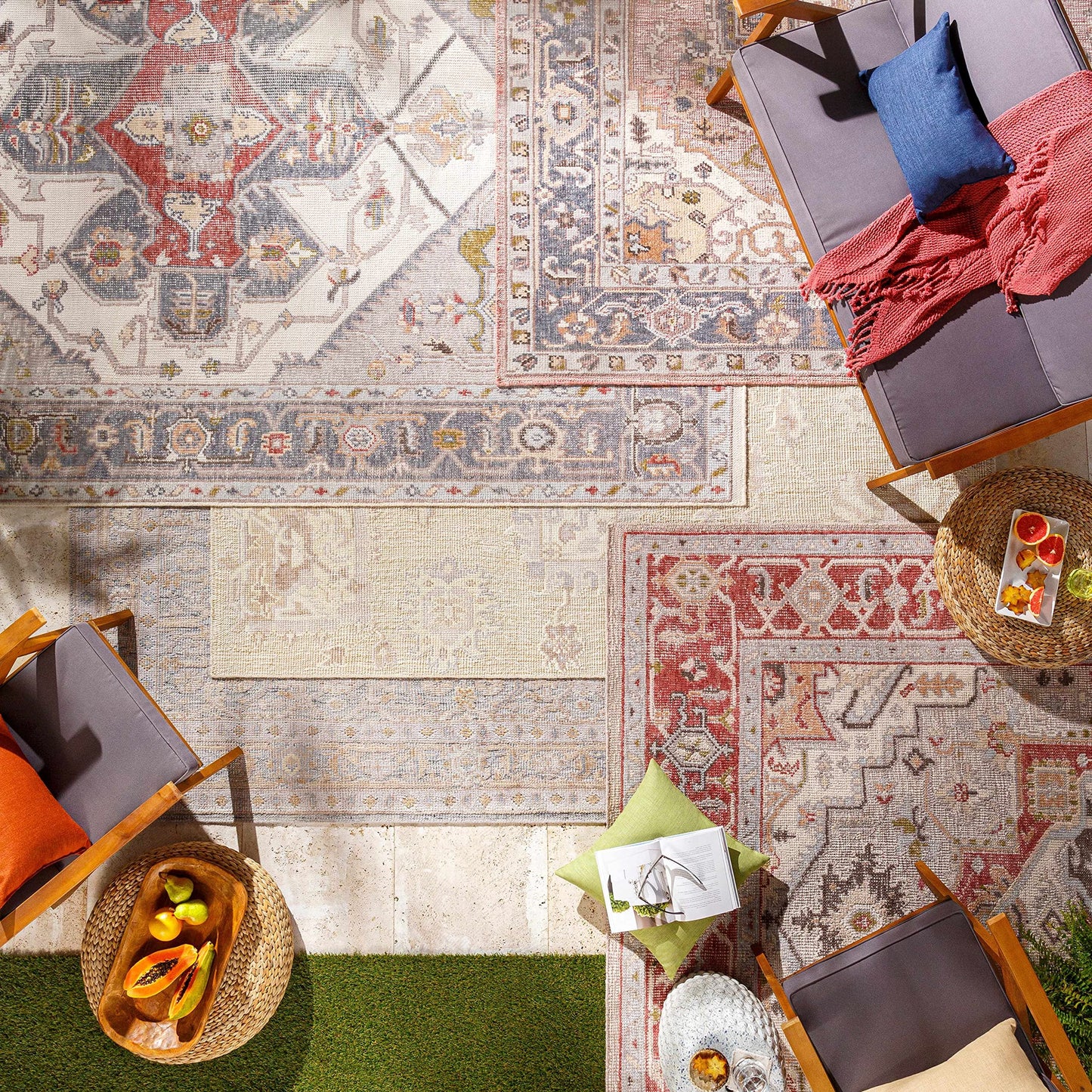 Hauteloom Bulusan Recycled Material Area Rug - Floral Medallion Geometric Distressed Abstract - Traditional Oushak Transitional Oriental Farmhouse - Light Gray, Dark Red, Beige, Cream, Gray - 2' x 3'