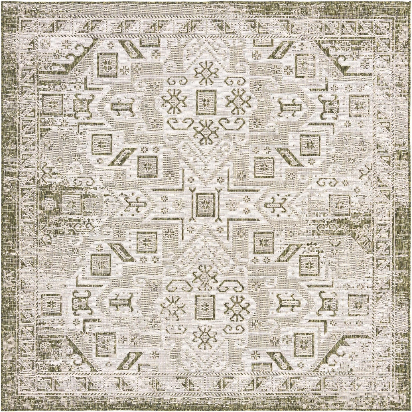 Rugs.com - Outdoor Aztec Rug – 8 Ft Square Green Indoor/Outdoor Rug – Washable Flatweave Area Rug for Patios, Decks, and Porches