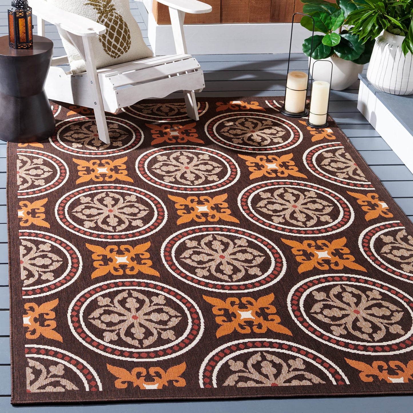 SAFAVIEH Washable Rug Outdoor Veranda Collection - 4' x 5'7", Chocolate & Terracotta, Non-Shedding & Easy to Clean, Ideal for Patio, Backyard, Mudroom (VER030-0325)