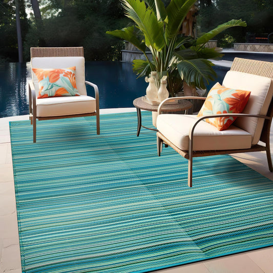 Rugshop Contemporary Stripe Reversible Crease-Free Waterproof Premium Recycled Plastic Outdoor Rugs for Patio,Backyard,RV,Deck,Picnic,Trailer,Beach,Camping Rug 4' X 6' Blue
