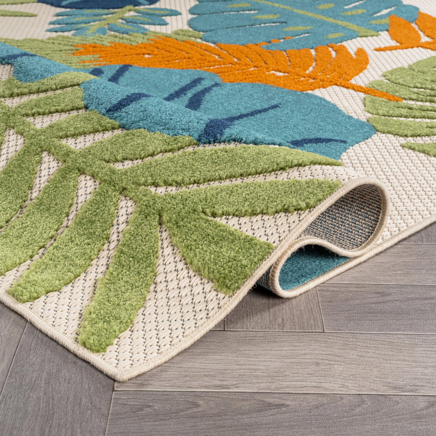 Rugshop Indoor/Outdoor High-Low Textured Area Rug, Tropical Floral, Easy-Clean Patio Rug for Porch Deck Balcony 7'10" x 10' Beige/Multi