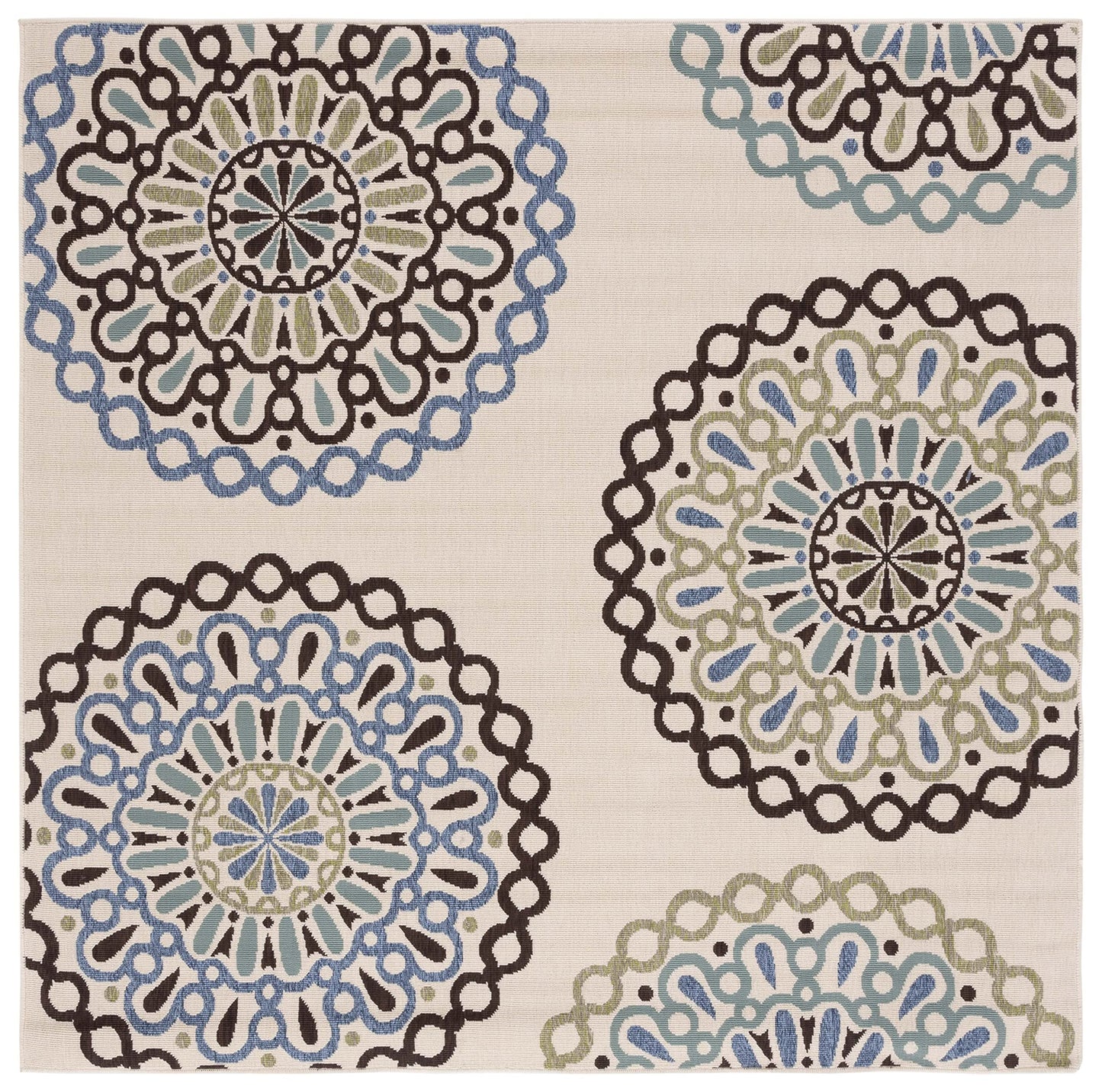 SAFAVIEH Washable Rug Outdoor Veranda Collection - 3' Square, Cream & Blue, Non-Shedding & Easy to Clean, Ideal for Patio, Backyard, Mudroom (VER092-0615)