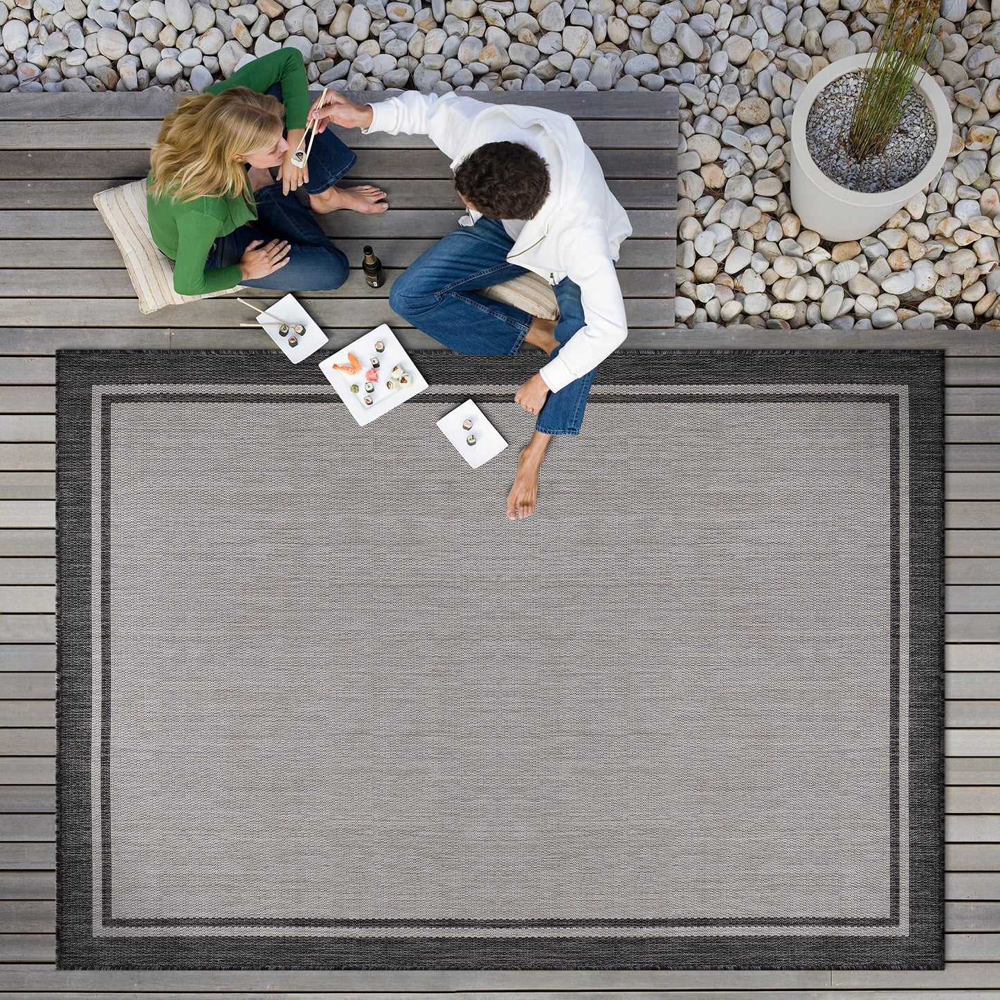 CAMILSON Indoor Outdoor Rug, 9x12 Bordered Gray Modern Area Rugs for Large Indoor and Outdoor Patios, Kitchen and Hallway Mats, Washable Porch Deck Outside Carpet (Bordered Grey, 9 x 12)