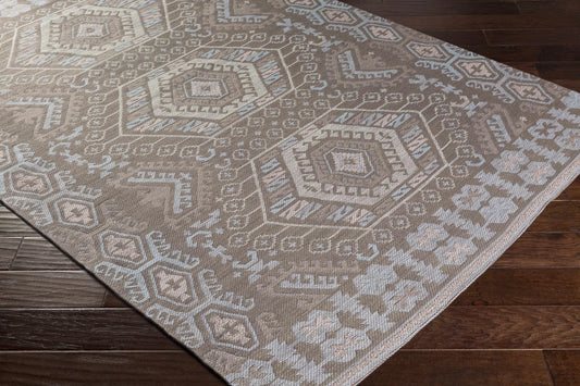 Hauteloom Honeydew Recycled Material Area Rug - Geometric Medallion Diamond Border Triangle - Bohemian Transitional Tribal Southwestern Navajo - Medium Brown, Light Gray, Cream, Brown, Taupe - 2' x 3'