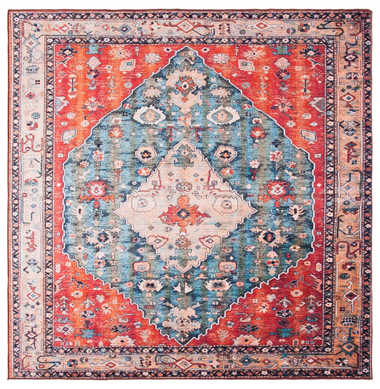 SAFAVIEH Washable Rug Tucson Collection - 5' Square, Beige & Blue, Slip Resistant & Easy to Clean, Ideal for Living Room, Bedroom, Dining Space (TSN104B)