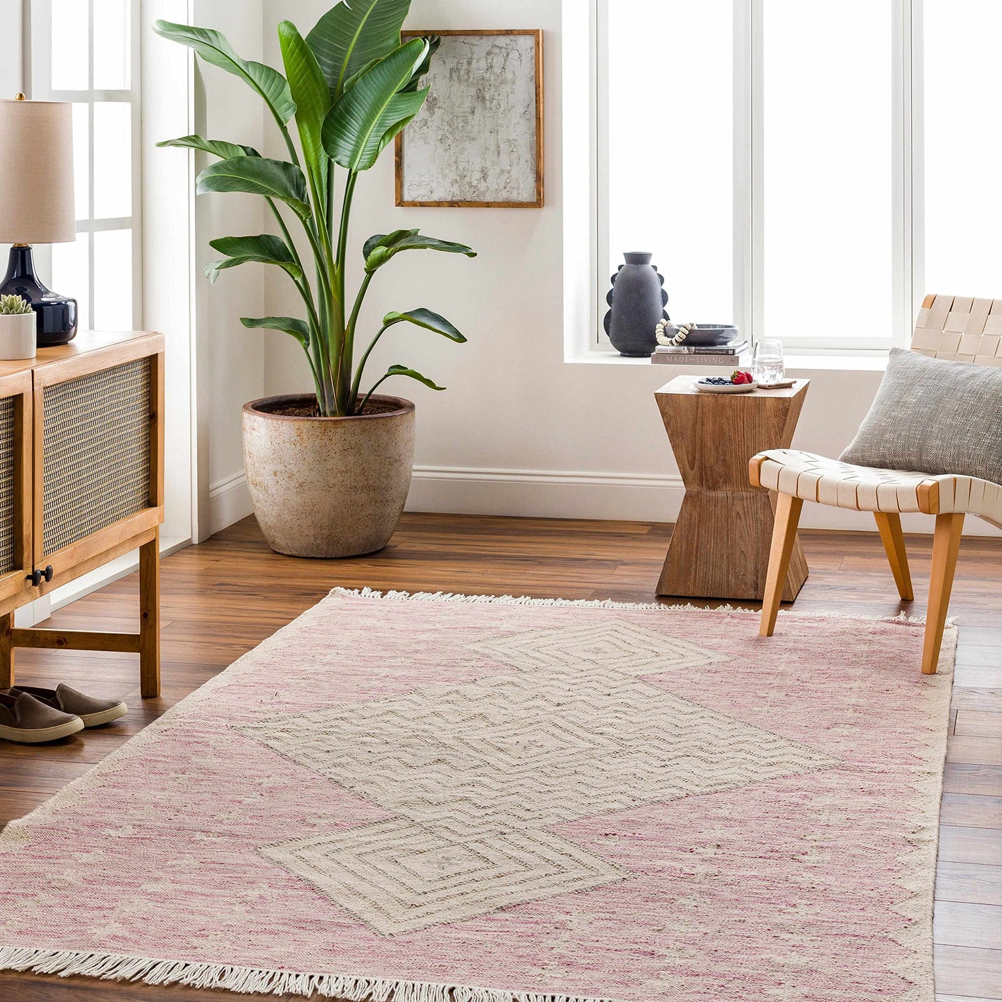 Hauteloom Sang Recycled Material Area Rug - Geometric Diamond Chevron Medallion Border - Bohemian Transitional Boho Tribal Moroccan - Dusty Pink, Dark Pink, Tan, Pink, Cream - 2' x 3'
