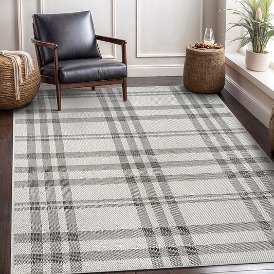 CAMILSON Easy Jute Rug 6x9, Indoor Outdoor Off-White Color Fiber Area Rugs for Entry, Living Room and Farmhouse Rug, Checkred Boho Woven Design, Easy-Cleaning, Washable Outside Carpet (6 x 9)