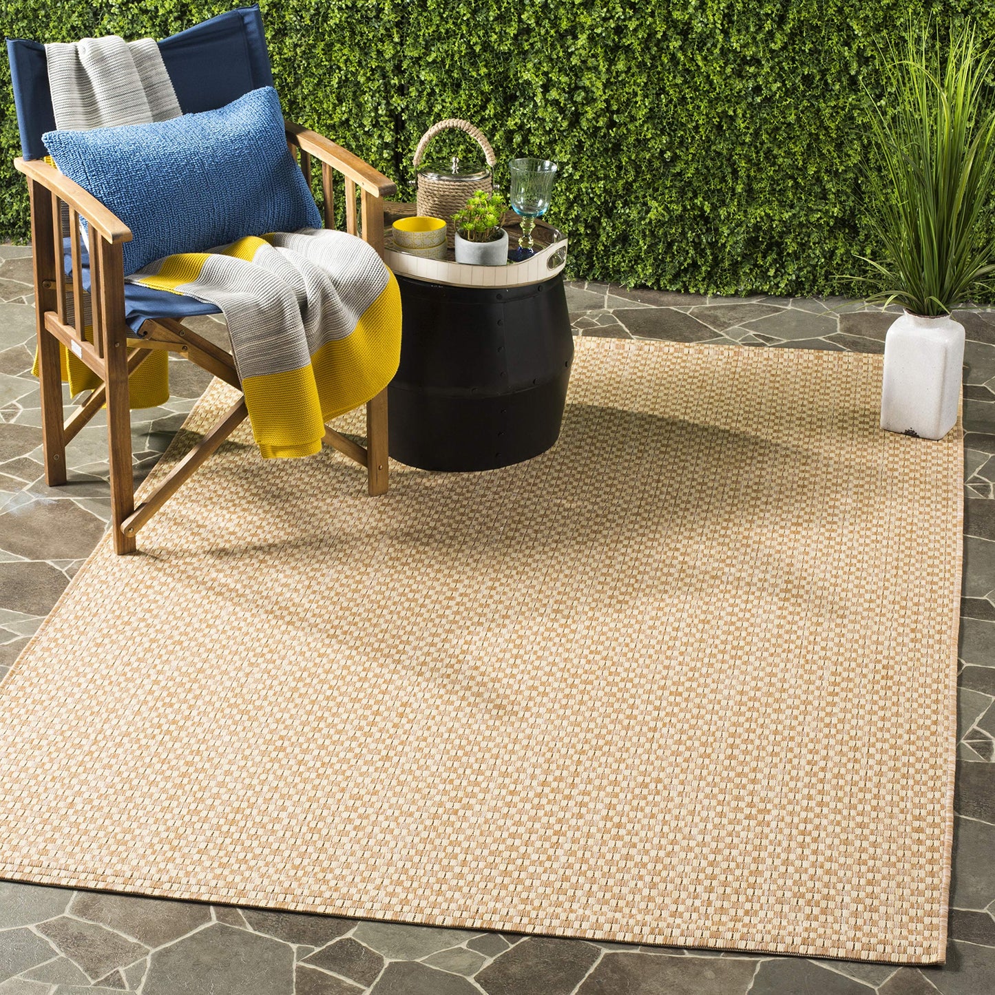 SAFAVIEH Washable Rug Outdoor Courtyard Collection - 6'7" Square, Natural & Cream, Non-Shedding & Easy Cleaning, Ideal for Patio, Backyard, Mudroom (CY8653-03021)