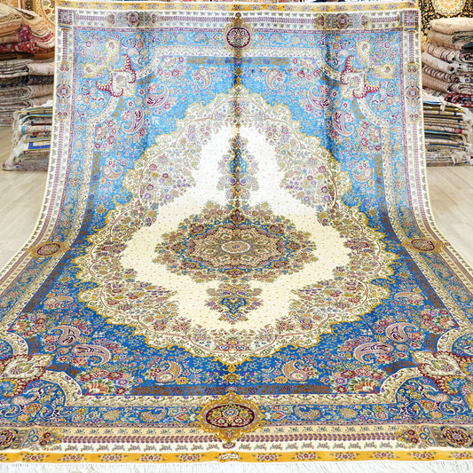Yuchen Rug Silk Rug 8x10 Blue Handmade Traditional Medallion Vintage Large Silk Rug for Living Room