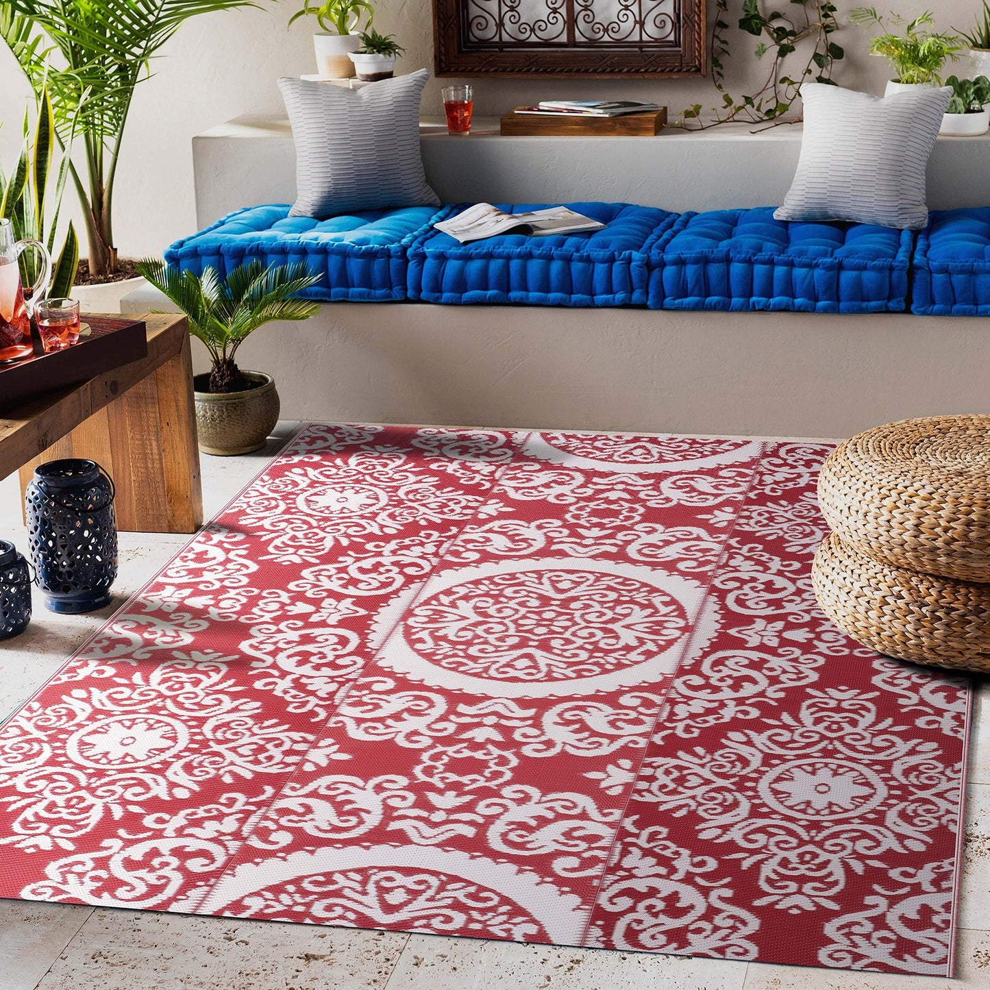 NUU GARDEN Outdoor Rug, Plastic Straw Foldable Area Rug Indoor Outdoor Carpet for Patio Decor Balcony Camping Picnic RV, 6 ft x 9 ft, Red and White