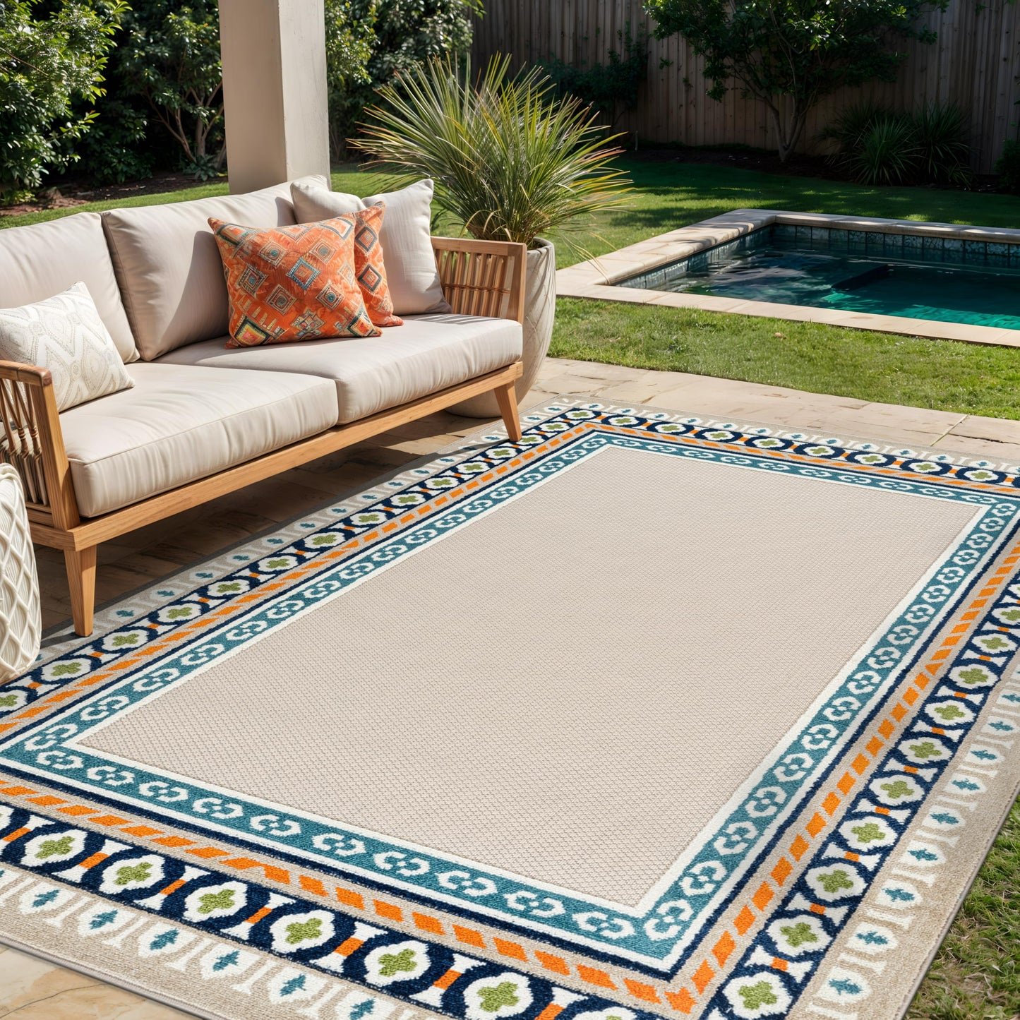 Rugshop Indoor/Outdoor High-Low Textured Area Rug, Coastal Border, Easy-Clean Patio Rug for Porch Deck Balcony 7' 10" x 10' Multi