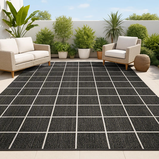 JONATHAN Y Grid Squares Indoor Outdoor Area Rug 3X5 Black/Cream, Modern for Backyard, Patio, Porch, Easy-Cleaning, High Traffic, Pet-Friendly, Non-Shedding (SMB200B-3)
