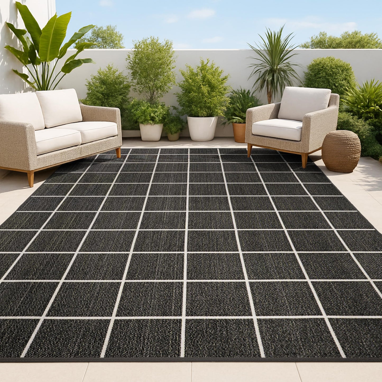 JONATHAN Y Grid Squares Indoor Outdoor Area Rug 5X8 Black/Cream, Modern for Backyard, Patio, Porch, Easy-Cleaning, High Traffic, Pet-Friendly, Non-Shedding (SMB200B-5)