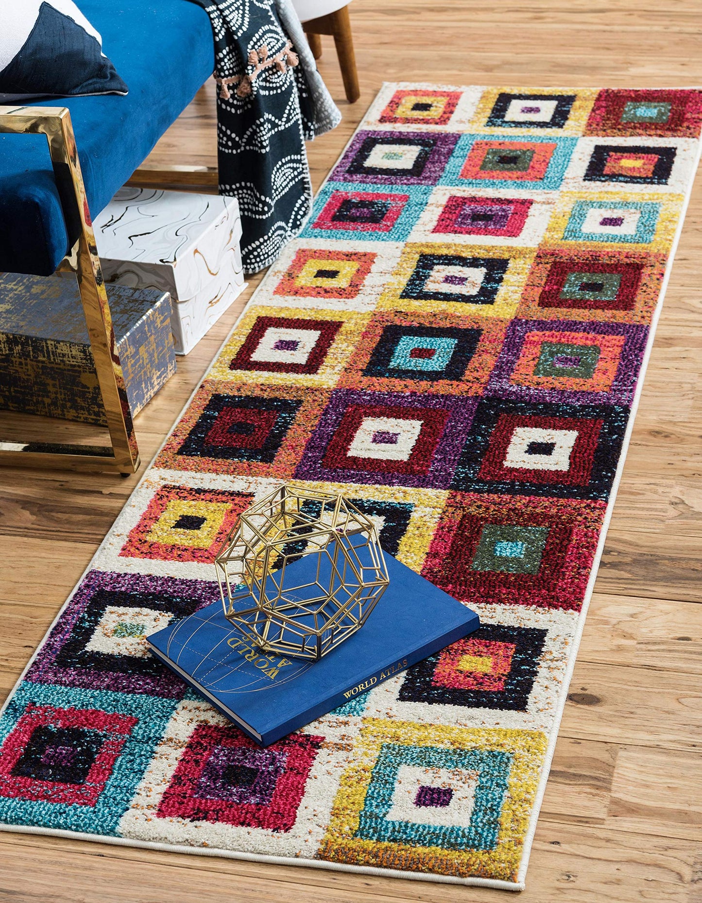 Unique Loom Estrella Collection Colorful, Geometric, Squares Modern, Abstract Area Rug (2' 2 x 6' 7 Runner, Multi/Beige)