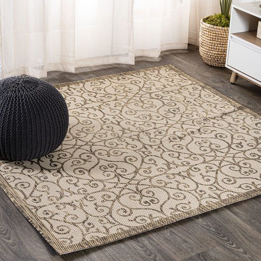 JONATHAN Y Vintage Filigree Indoor Outdoor Square Area Rug 8X8 Beige/Brown, Madrid Textured Weave for Backyard, Patio, Porch, Easy-Cleaning, High Traffic, Pet-Friendly, Non-Shedding (SMB107B-8SQ)
