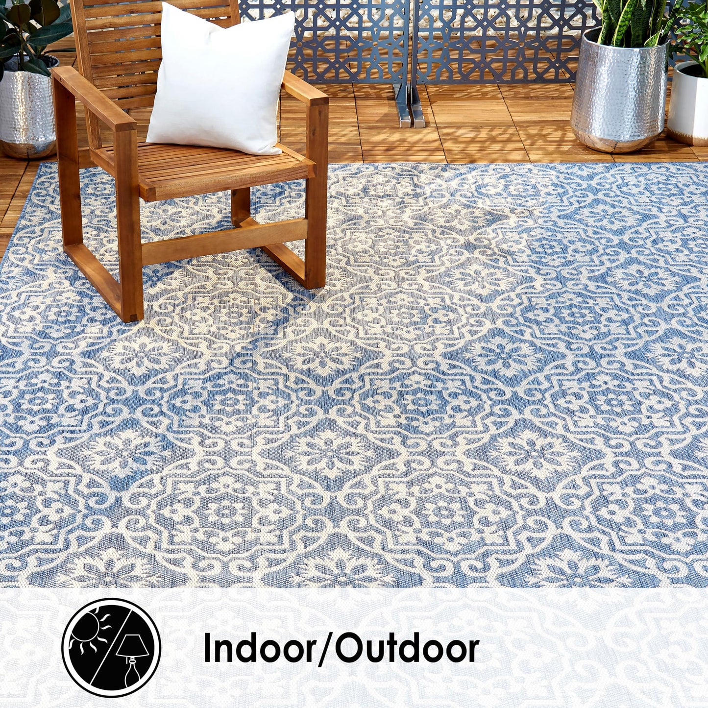 Nicole Miller New York Patio Country Julia Transitional Geometric Indoor/Outdoor Area Rug, Blue/Grey, 3'11"x5'2"