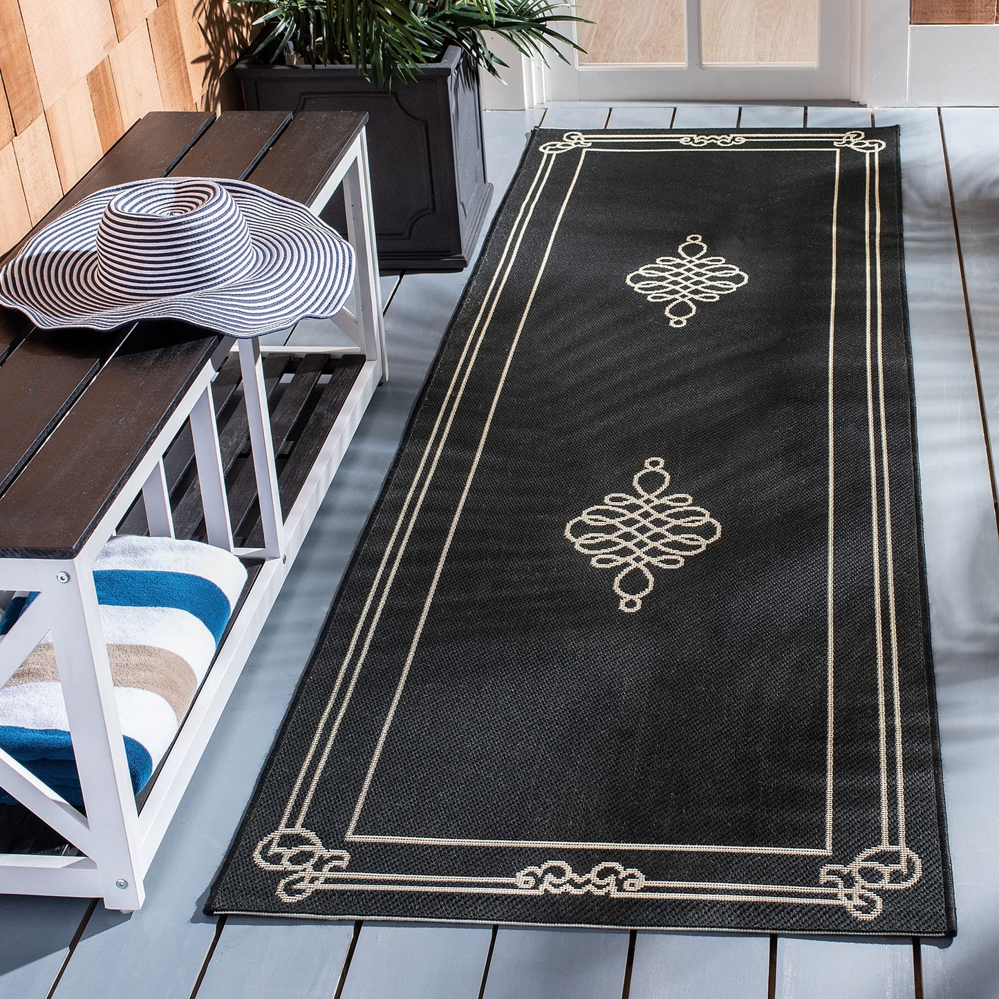SAFAVIEH Washable Rug Outdoor Courtyard Collection - 2'3" x 8' Runner, Black & Cream, Non-Shedding & Easy Cleaning, Ideal for Patio, Entryway, Mudroom, Hallway, Kitchen (CY6788-26)