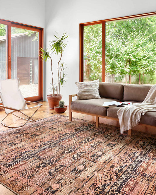 Loloi Layla Collection LAY-14 Mocha/Blush 5'-0" x 7'-6" .13" Thick Area Rug, Soft, Durable, Vintage Inspired, Distressed, Low Pile, Non-Shedding, Easy Clean, Printed, Living Room Rug