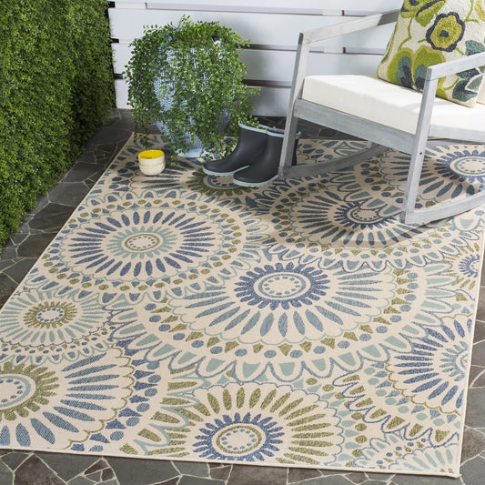 SAFAVIEH Washable Rug Outdoor Veranda Collection - 2'7' x 5', Cream & Green, Non-Shedding & Easy to Clean, Ideal for Patio, Backyard, Mudroom (VER091-0614)