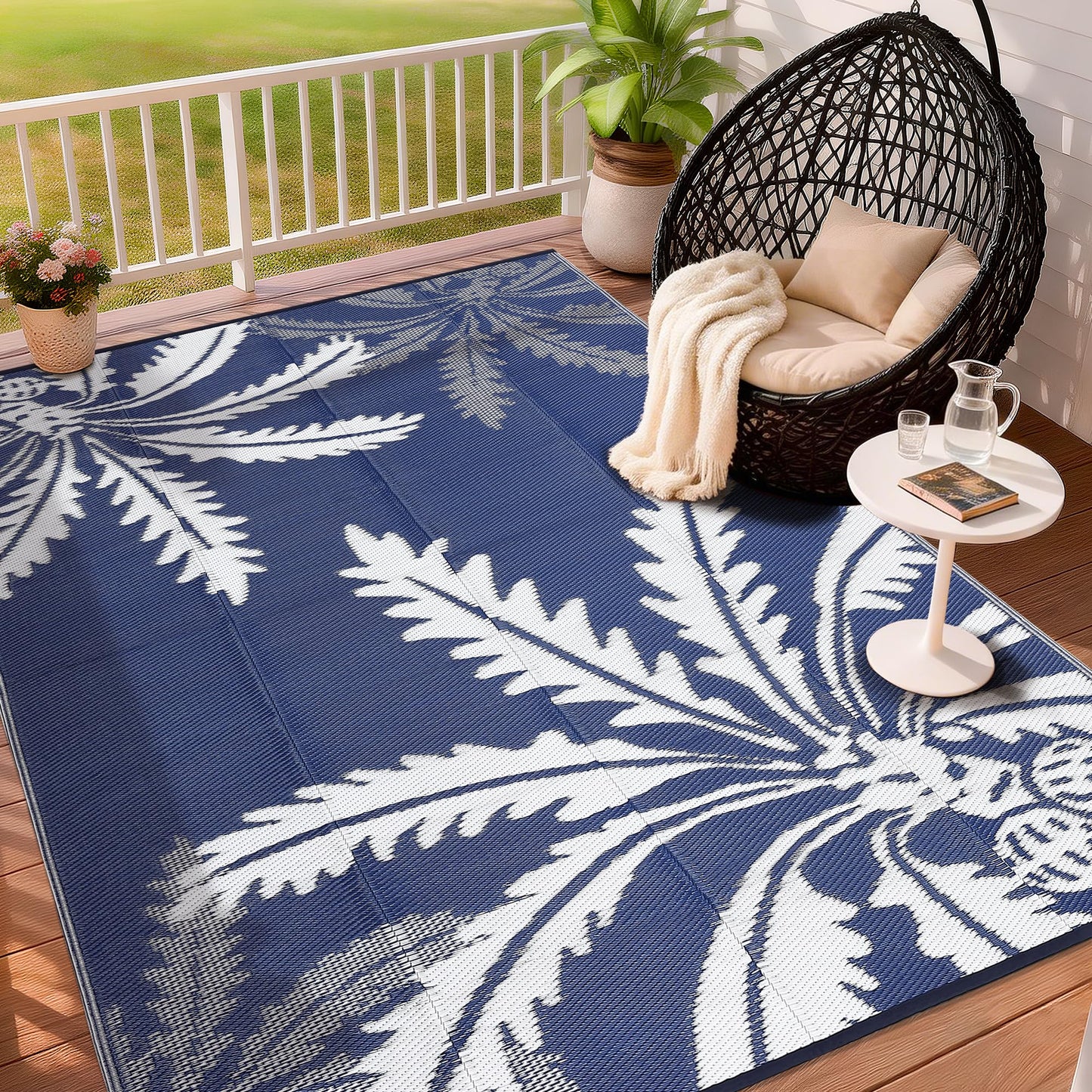 IDEALHOUSE Waterproof Outdoor Rug 8x10 for Patio, Reversible Modern Area Rug, Large Plastic Straw Mat for Camping, RV, Porch, Backyard, Deck, Picnic, Beach, Blue & White