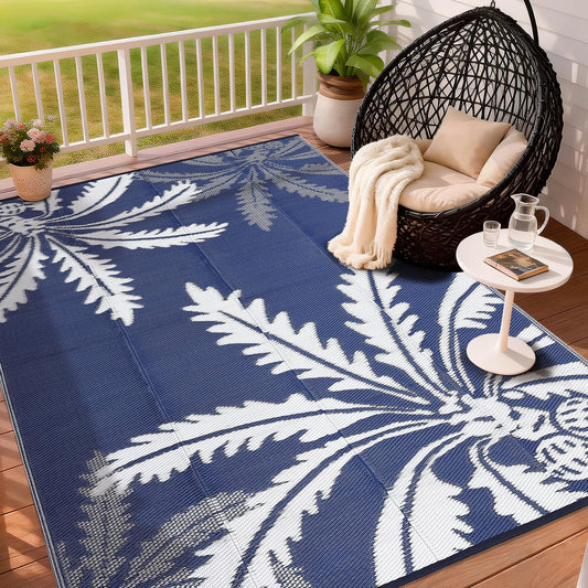 IDEALHOUSE Waterproof Outdoor Rug 8x10 for Patio, Reversible Modern Area Rug, Large Plastic Straw Mat for Camping, RV, Porch, Backyard, Deck, Picnic, Beach, Blue & White