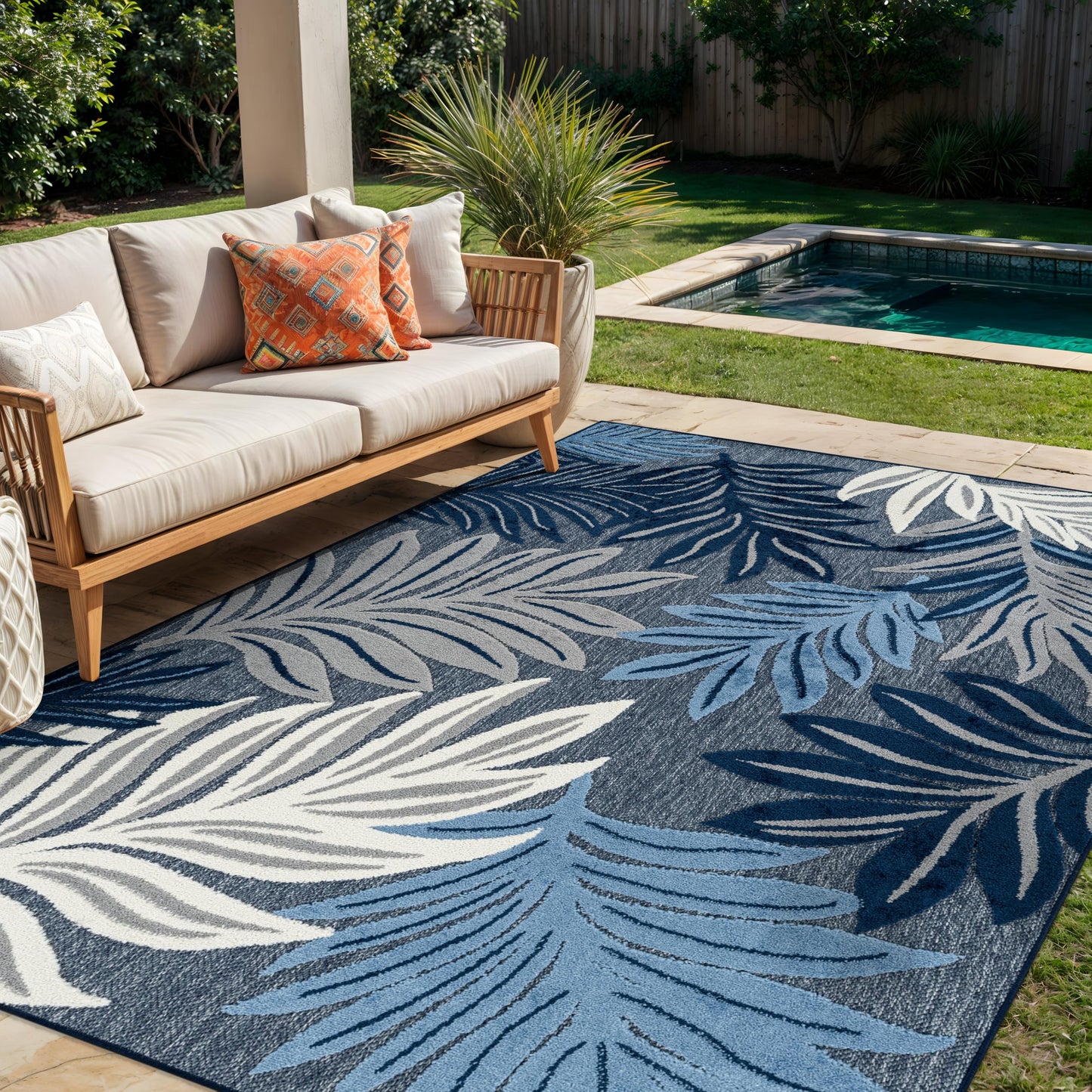 Rugshop Indoor/Outdoor High-Low Textured Area Rug, Botanical, Easy-Clean Patio Rug for Porch Deck Balcony 6' 6" x 9' Navy