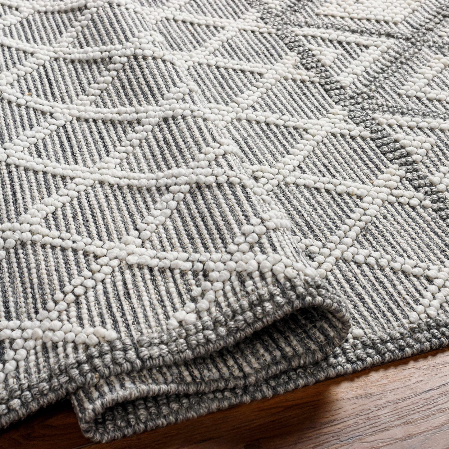 Hauteloom Jaya Recycled Material Area Rug - Geometric Diamond Trellis Lattice Border - Bohemian Transitional Boho Moroccan Tribal - Slate Blue, Charcoal, Off - White, Gray, White - 27" x 45"