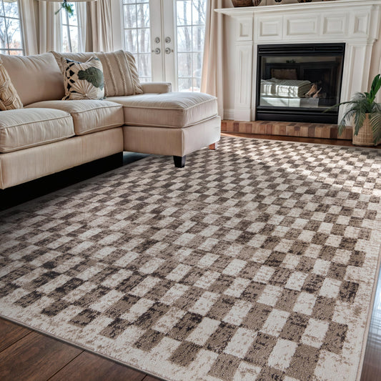 Rugshop Beige Checkered Area Rug – Textured Grid Pattern Carpet for Living Room, Bedroom, or Office – Neutral Contemporary Soft Floor Décor 5' x 7' Beige