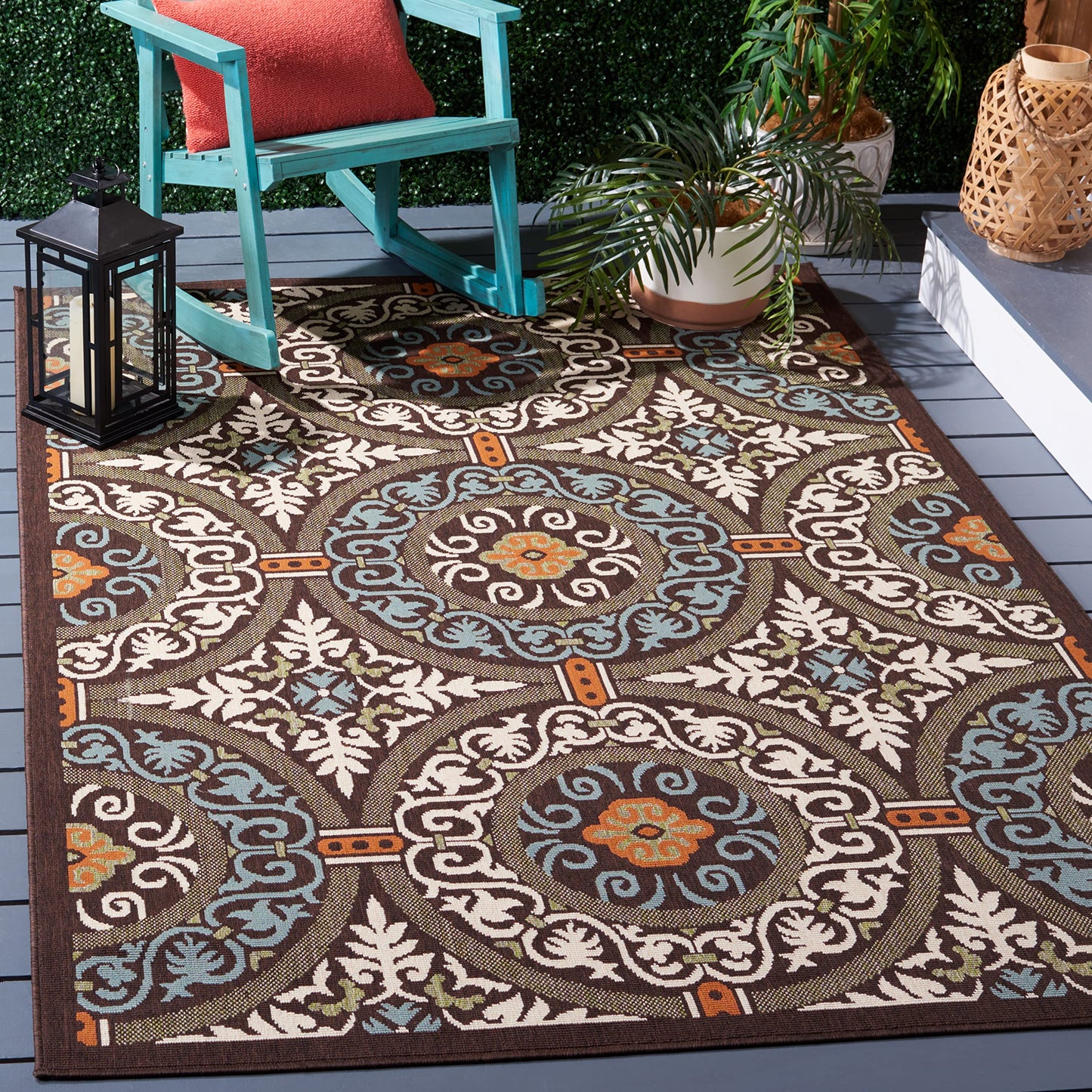 SAFAVIEH Washable Rug Outdoor Veranda Collection - 2'7' x 5', Chocolate & Aqua, Non-Shedding & Easy to Clean, Ideal for Patio, Backyard, Mudroom (VER055-0723)
