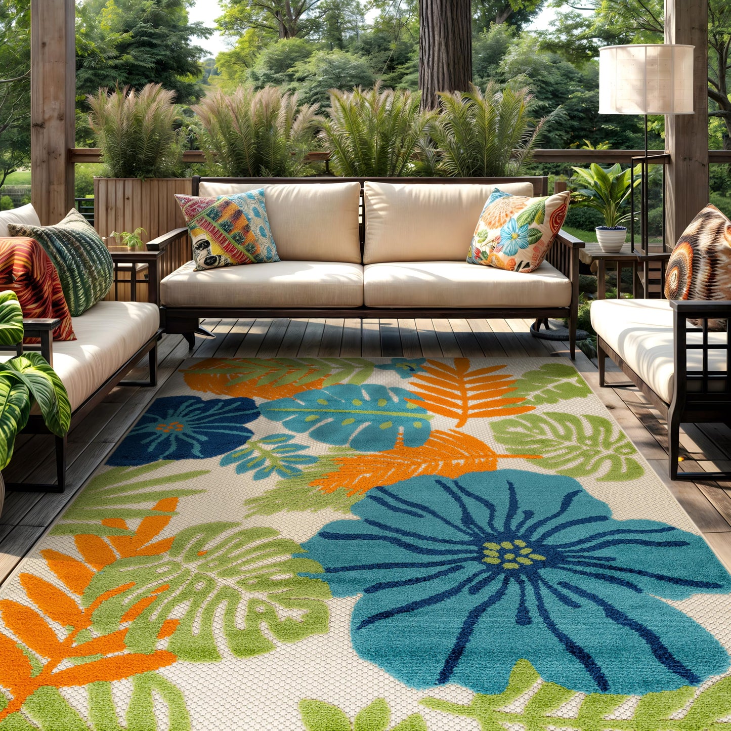 Rugshop Indoor/Outdoor High-Low Textured Area Rug, Tropical Floral, Easy-Clean Patio Rug for Porch Deck Balcony 7'10" x 10' Beige/Multi