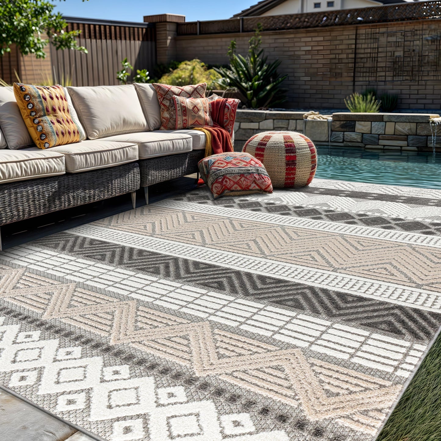 Rugshop Gray Marbella Boho Indoor/Outdoor Area Rug for Patio,Deck, Porch and Backyard 6'6" x 9'